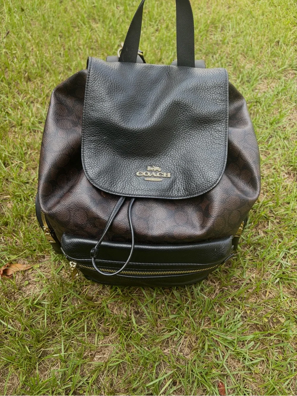 Coach Brown Signature Canvas Backpack with Black Leather Trim baby bag